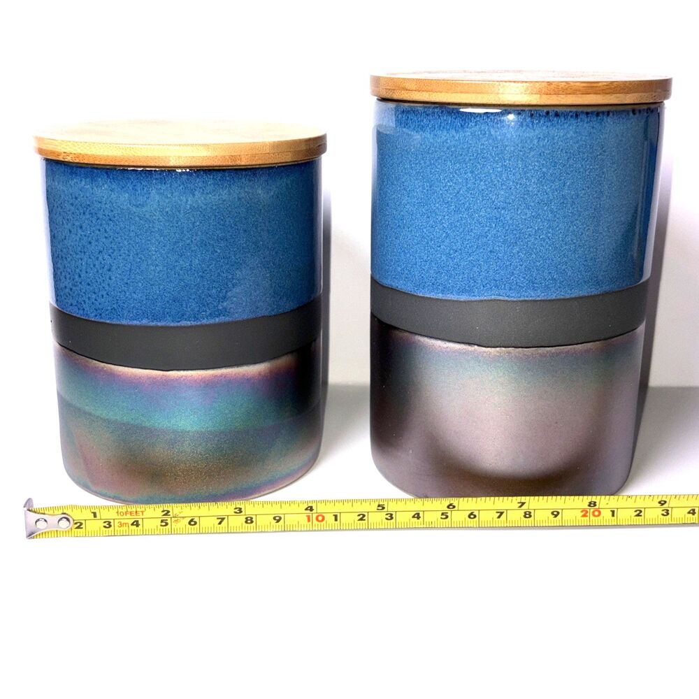 Set of‎ 2 American Atelier Stoneware Canisters with Lids Kitchen Storage Blue